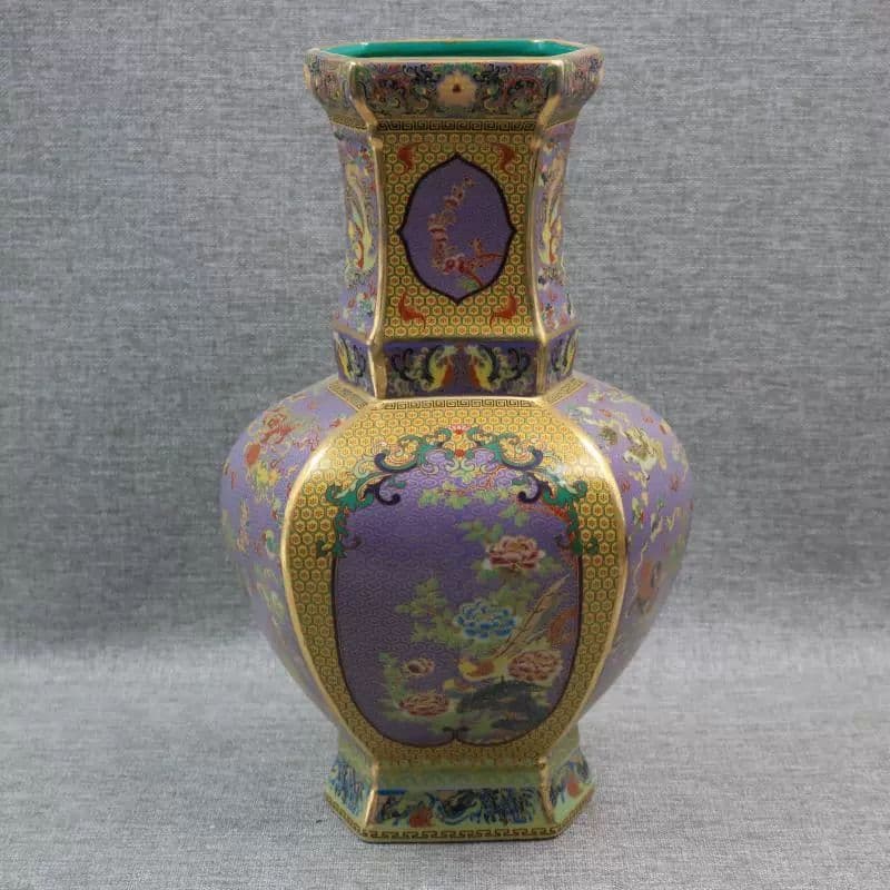 琺瑯彩蒔花鳥六方賞瓶 景徳鎮 陶磁器 装飾品 購入 現代工芸品 美術品 置物