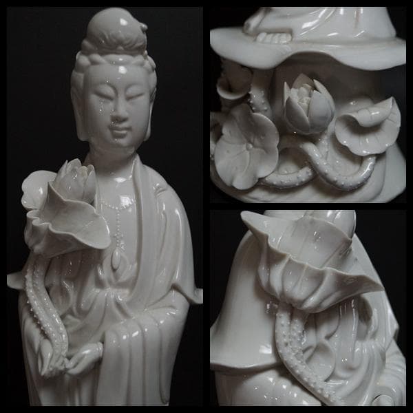 徳化窯 細工彫り『蓮上白磁観音様』 仏教美術 高さ40.5cm