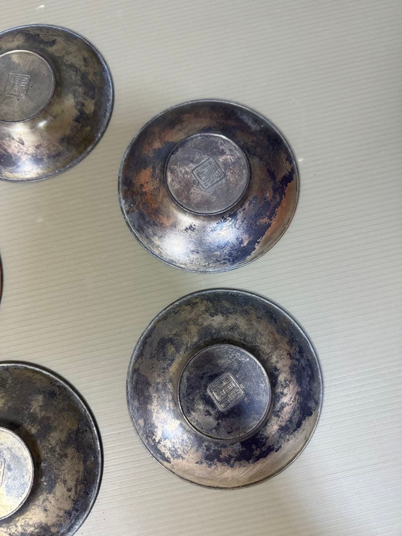 2257  時代　茶托　5客　龍文鳳凰　古銅　茶道具　金属工芸