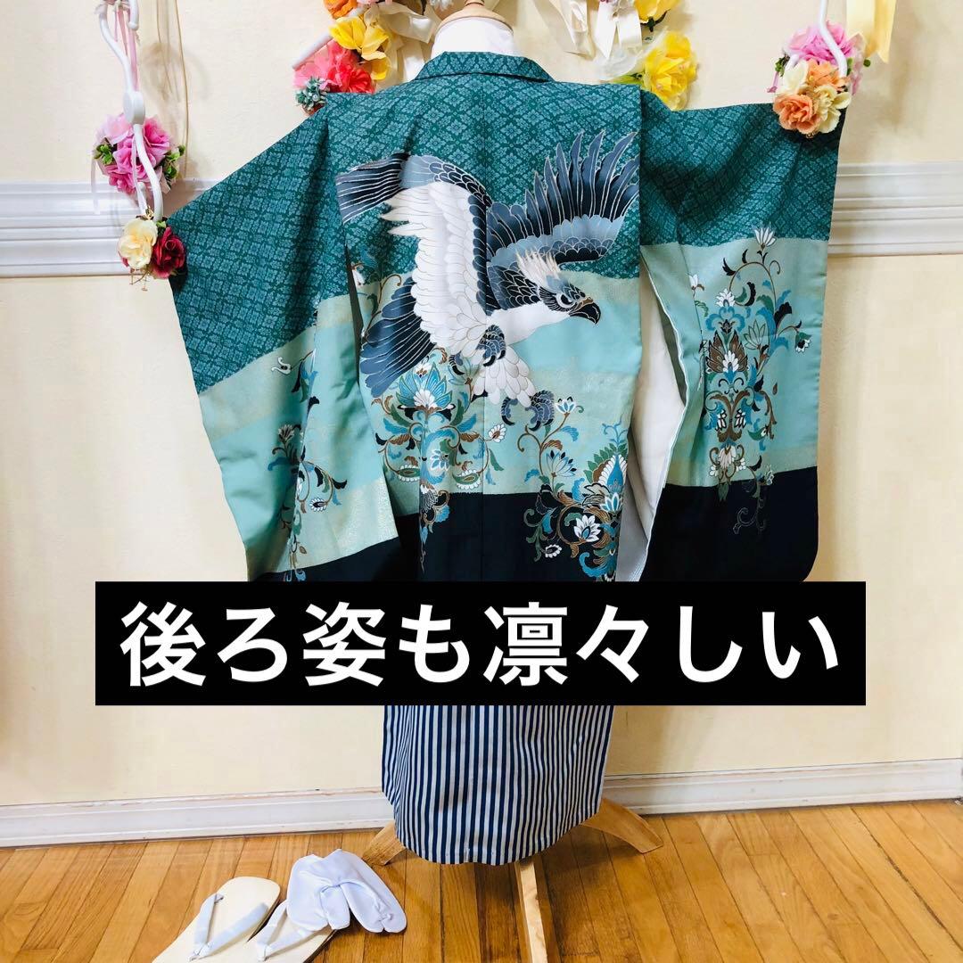 七五三 五歳‼️グリーン系に鷹金彩煌びやか‼️袴未使用しつけ糸付き‼️完全フルセット‼️