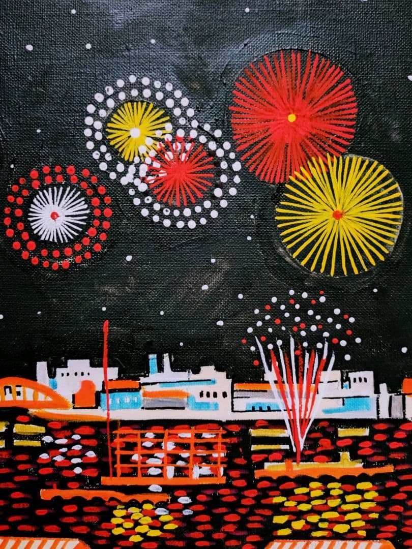 【F6号】山下清【両国の花火】手描き/表裏サイン・共シール有り/油彩/油絵/額縁
