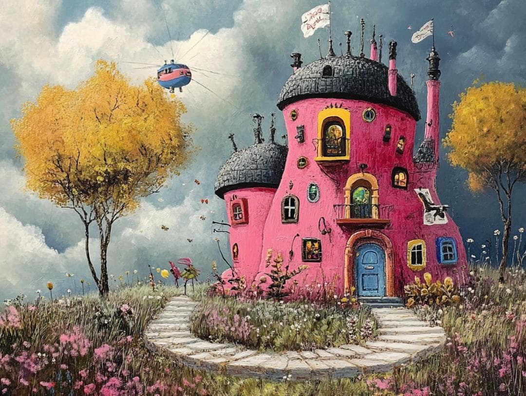 F3号 ァンタジー ピンクの家 絵画 真作掛軸 跡部白鳥 矢祭山の桜