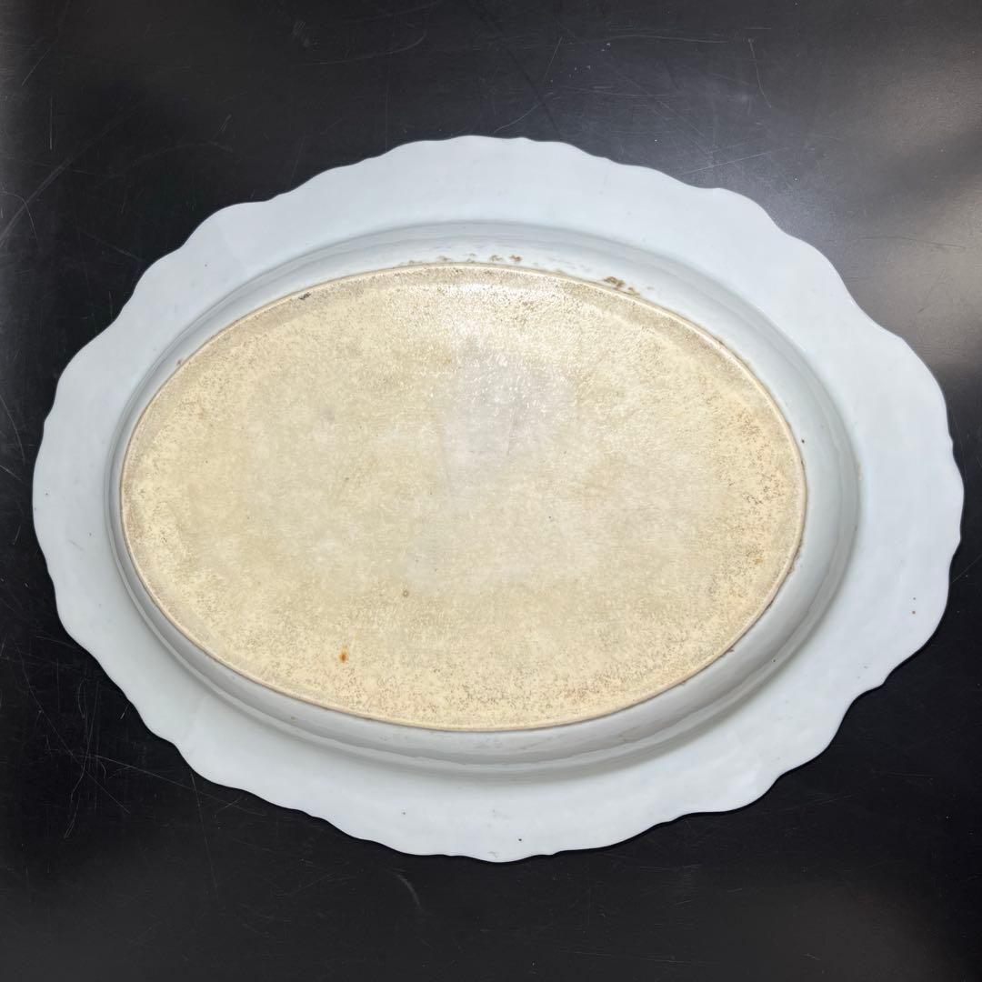 中国清朝時代 新渡青花オーバル皿 木箱付 幅約42.5㎝ 東Y7-1024☆2F