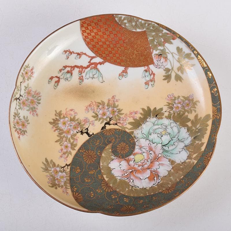 九谷焼　古九谷　色絵青粒金彩　桜牡丹文　飾皿　V　R8914