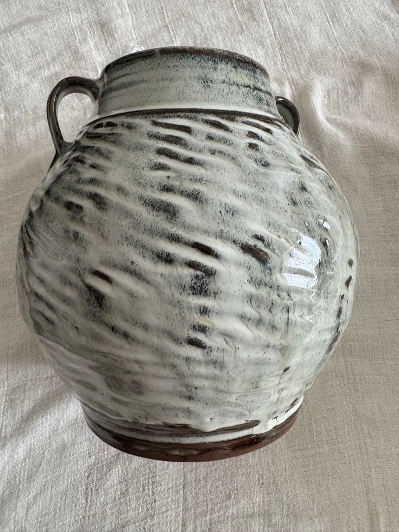お値下げ　柴田雅章　丹波雅章　花瓶　糠釉紋押耳付壺　民芸