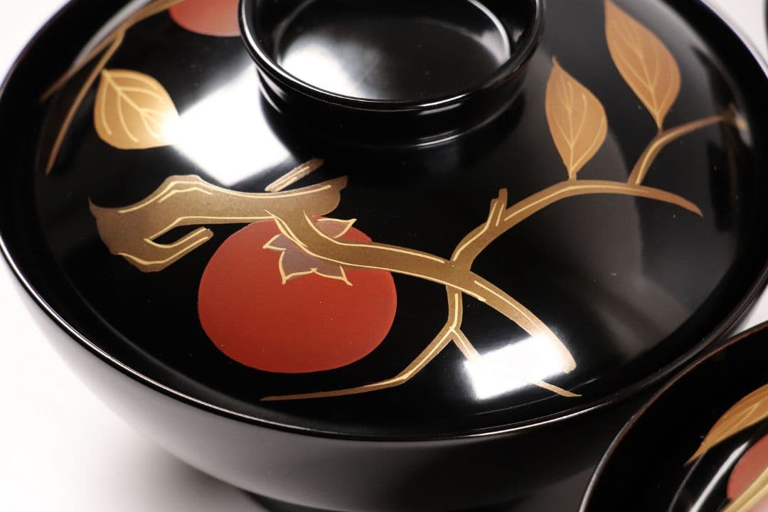 CK71 漆芸 木製漆器 輪島塗 柿蒔絵 黒塗御吸物椀 三客 / 秋 果物