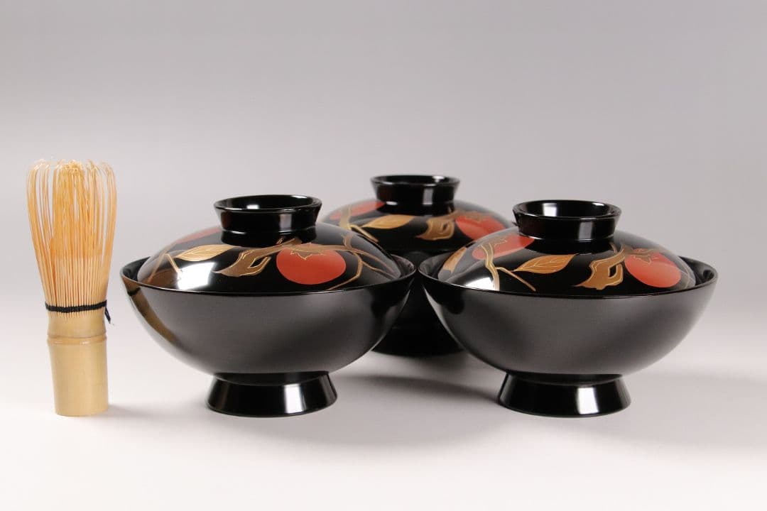 CK71 漆芸 木製漆器 輪島塗 柿蒔絵 黒塗御吸物椀 三客 / 秋 果物