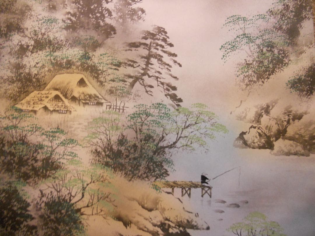 掛け軸 寿山 作 彩色山水 絹本 希少 軸装 茶道具 掛軸 美品 です。