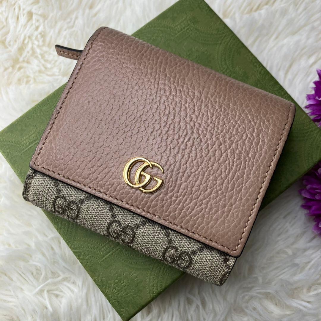 極美✨GUCCI 二つ折り財布 GG マーモント レザー ベージュ