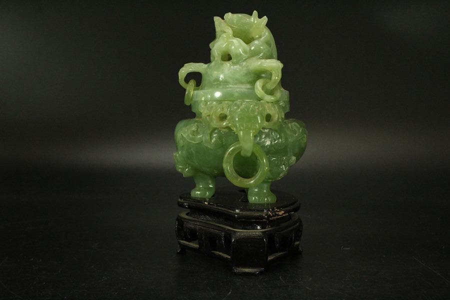 中国美術 玉石 緑石 香炉 台付(ZE497)