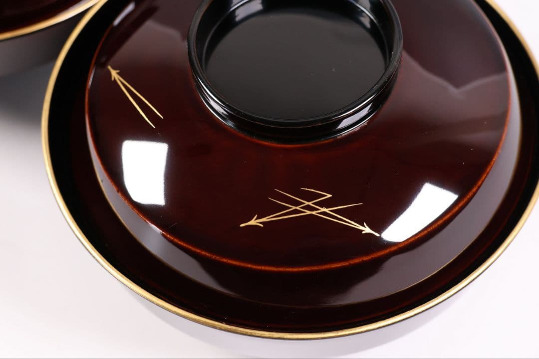 CM377】大正期 月と松 飛翔鶴 金蒔絵 欅地溜塗 黒塗 椀