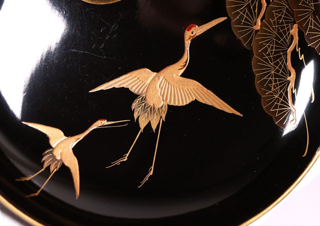 【CM377】大正期 月と松 飛翔鶴 金蒔絵 欅地溜塗 黒塗 椀二客 木製漆器