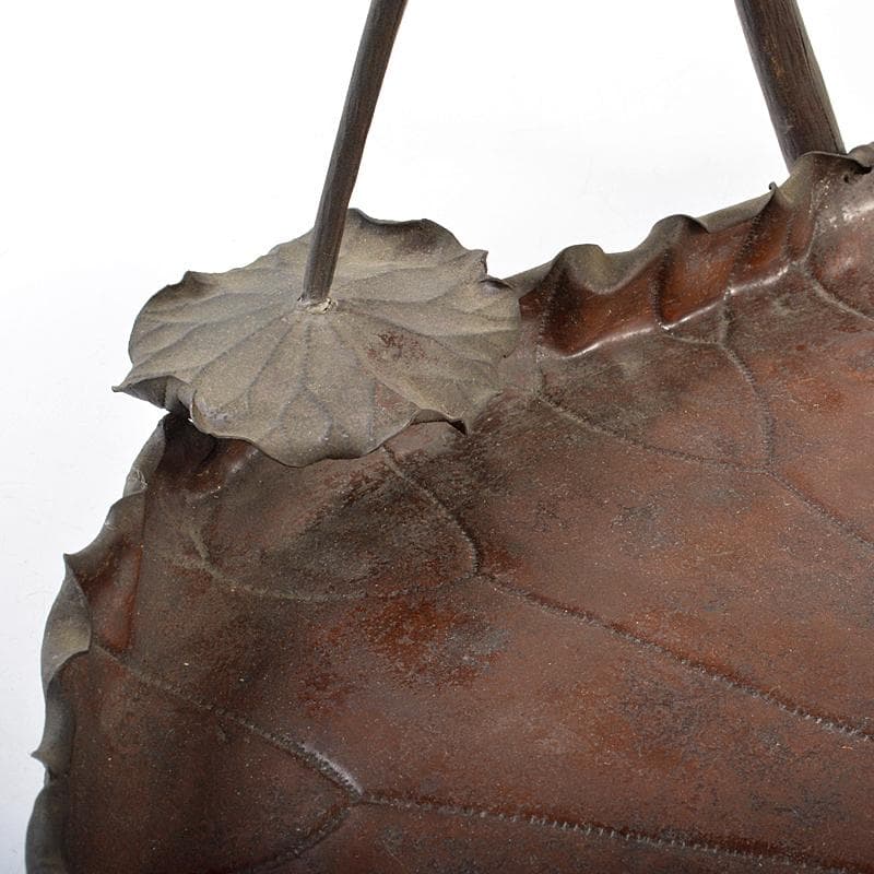 時代金工 古銅鎚出 蓮葉 持手菓子器 F R5996B