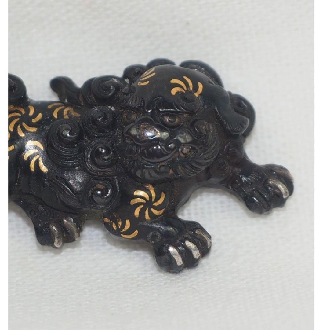 もひさ送料無料コレクター放出品江戸時代金銀象嵌獅子武士図目貫2点刀装具木箱