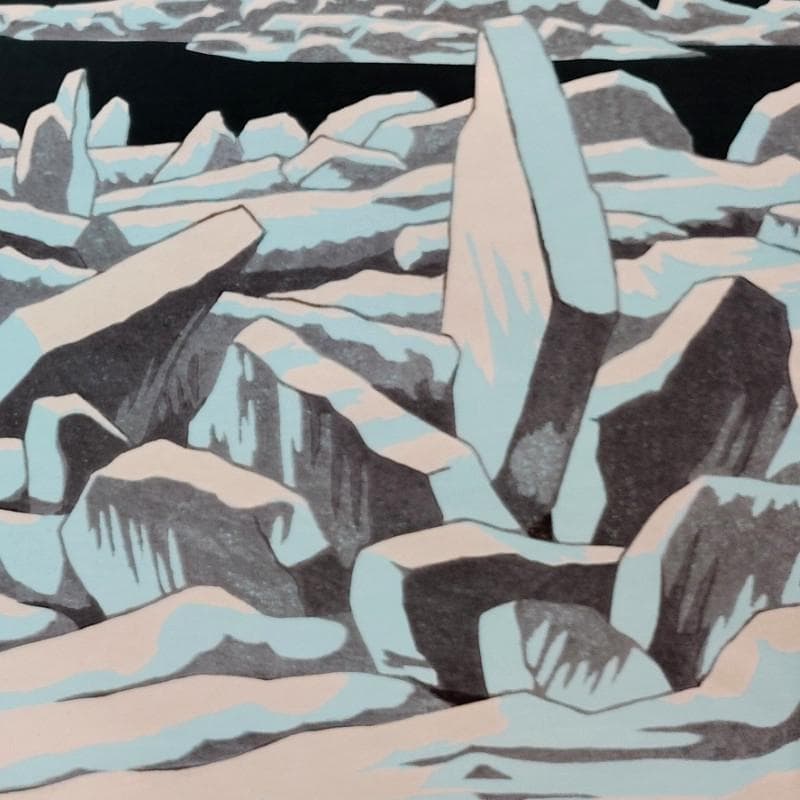 ☆ 大本 靖 ☆「流氷のオホーツク」木版画 小全紙 A.P 未使用額