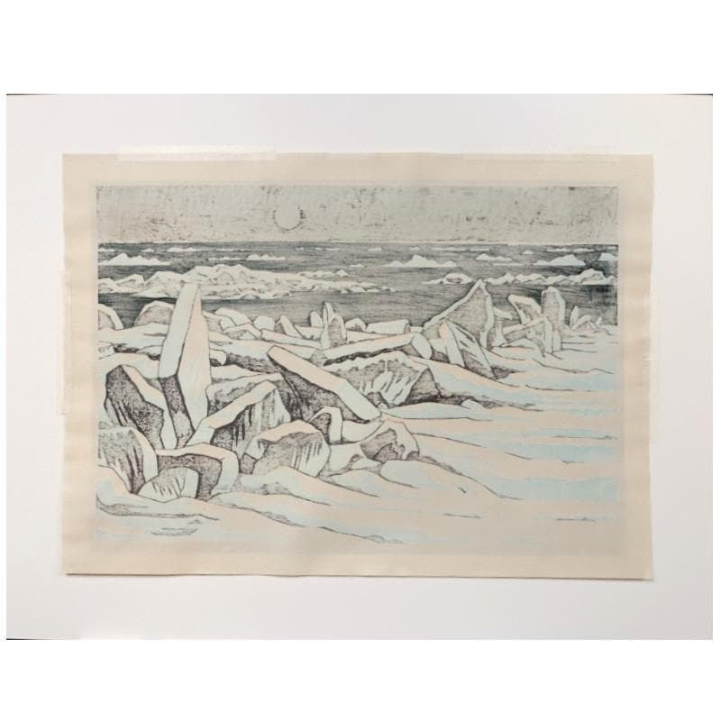☆ 大本 靖 ☆「流氷のオホーツク」木版画 小全紙 A.P 未使用額