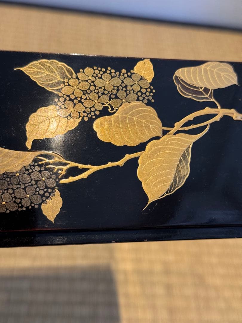 時代漆器 研ぎ出し草花蒔絵 五段重箱 二枚蓋 木瓜紋 保管箱