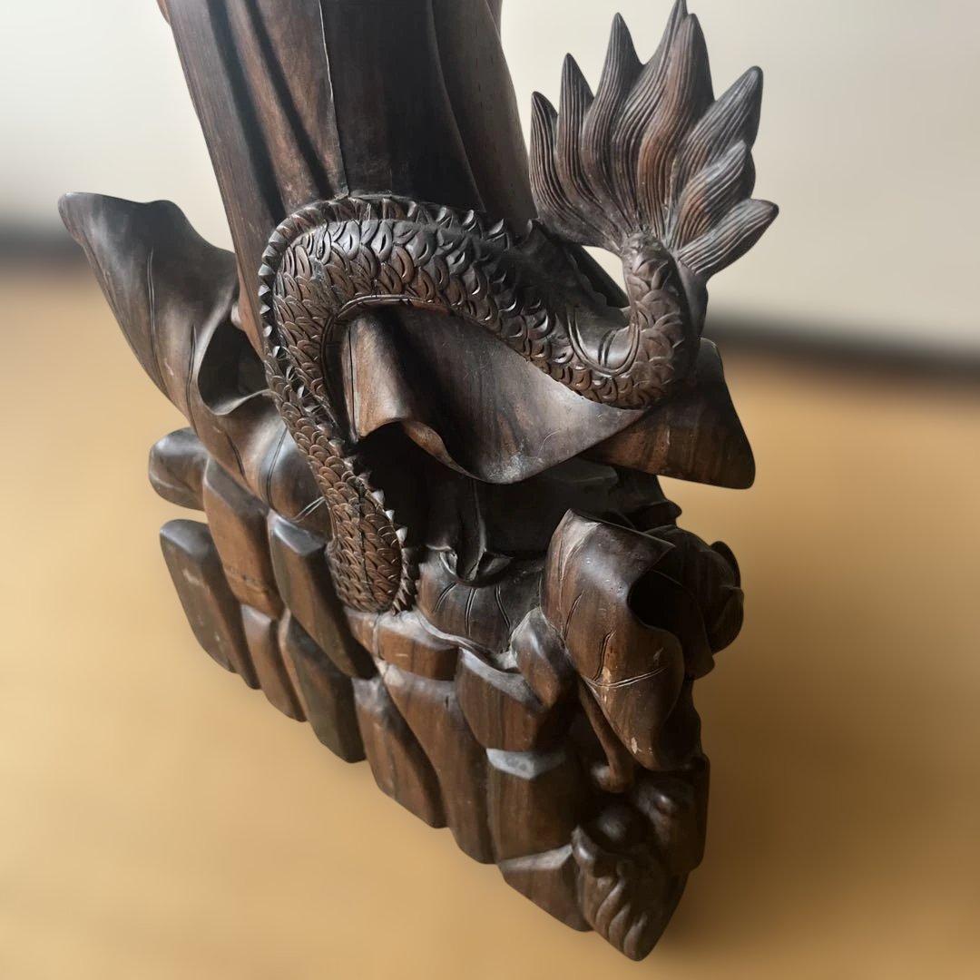 お値下げ】木彫 観音菩薩 木製 龍 彫刻 仏像 天女 置物 オブジェ