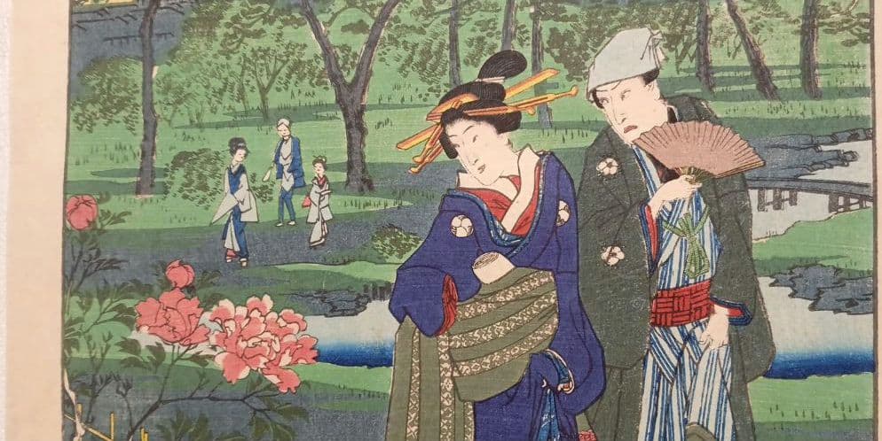 浮世絵版画、江戸自慢三十六興深川八まん牡丹、二代広重景色