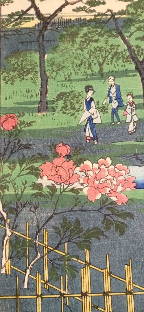 浮世絵版画、江戸自慢三十六興深川八まん牡丹、二代広重景色