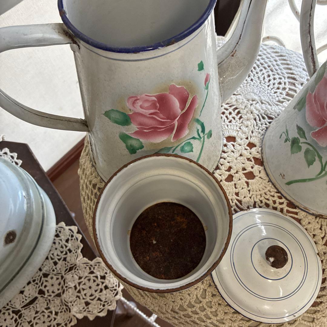 アンティークホーローファウンテン壁掛け手洗いコーヒーポット他バラ柄