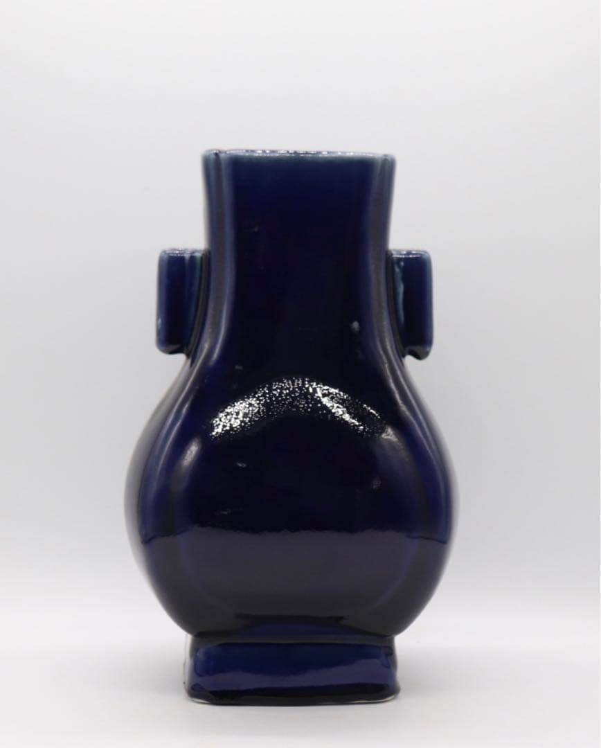 中国　大清乾隆年製　藍釉双耳瓶　共箱　送料込み0222