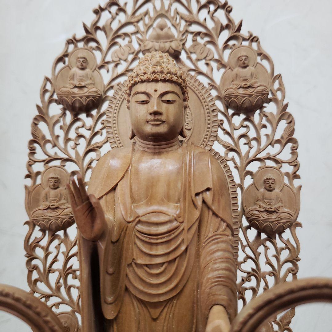Bフライデー後背羅漢彫☆白檀 阿弥陀如来三尊像6寸立 眼入