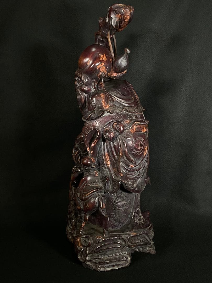 時代木彫 桃仙人 寿比南山 福如東海 寿老人 置物 中国美術 高さ約62cm