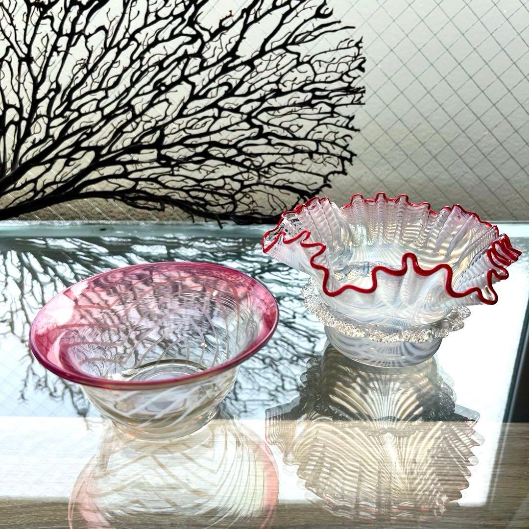 骨董 時代ガラス 超希少 金赤フチ 反り口 澤瀉紋 氷コップ 氷