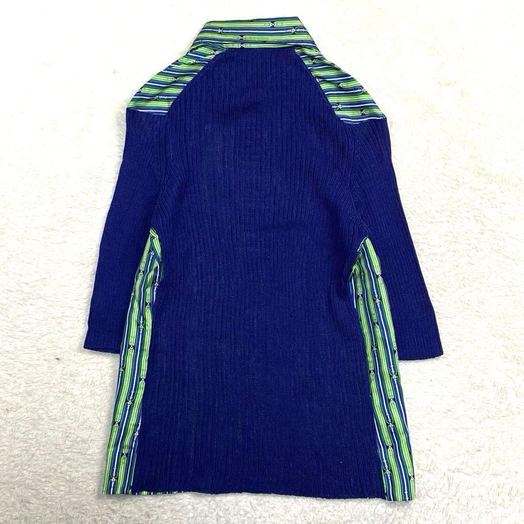 80s HERMES エルメス　ニット切り替えシャツ　ハーフボタン　シルク