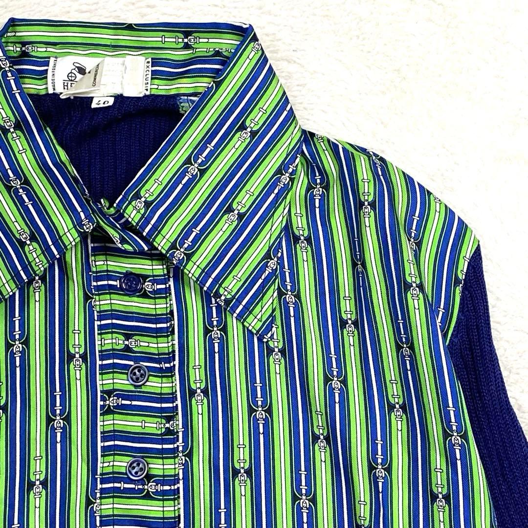 80s HERMES エルメス　ニット切り替えシャツ　ハーフボタン　シルク