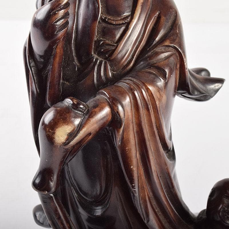 中国 玉石蝋石 唐子観音像 置物 唐木台付 M R4735