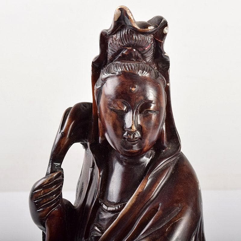 中国 玉石蝋石 唐子観音像 置物 唐木台付 M R4735