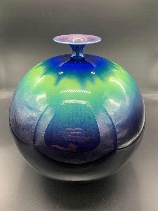 人間国宝 三代 徳田八十吉作 （正彦銘）特大 碧明釉 壺 管理T71 購入