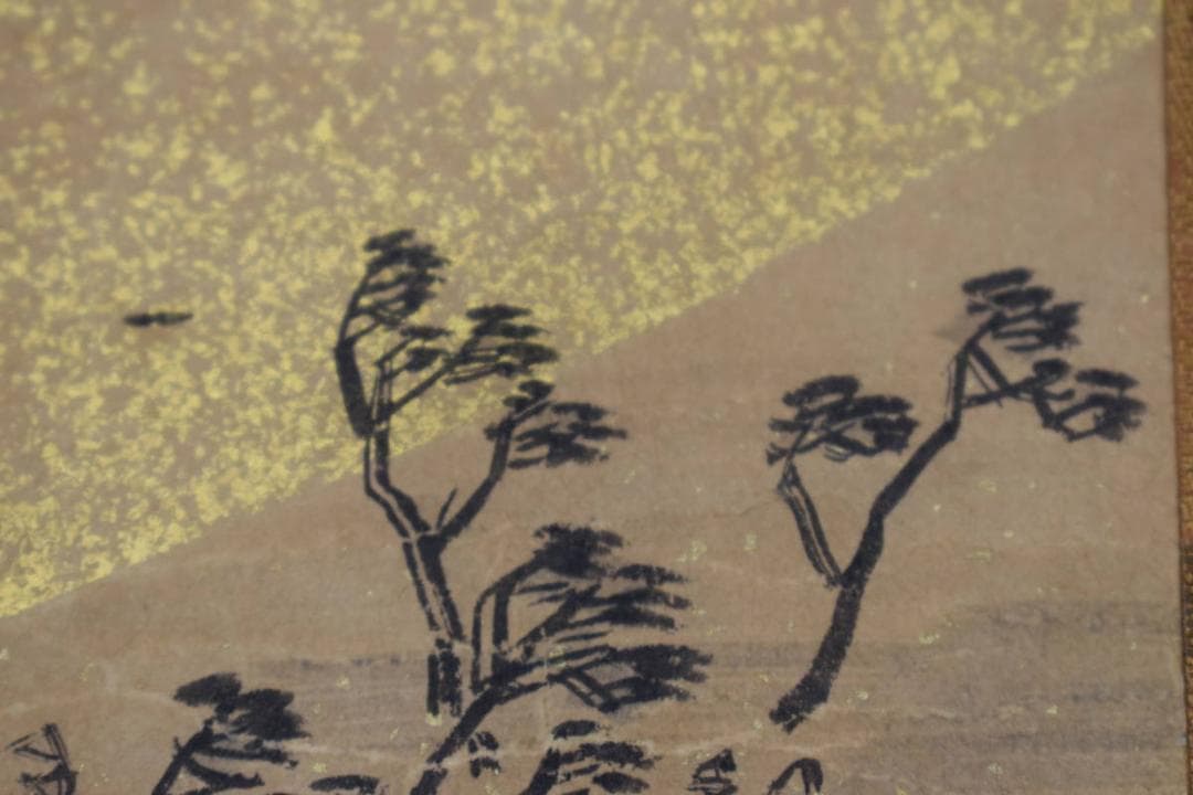 【真作】歌川廣重/一立斎印/山海帆舟図/小品/金泥山水図/掛軸☆宝船☆Z-397