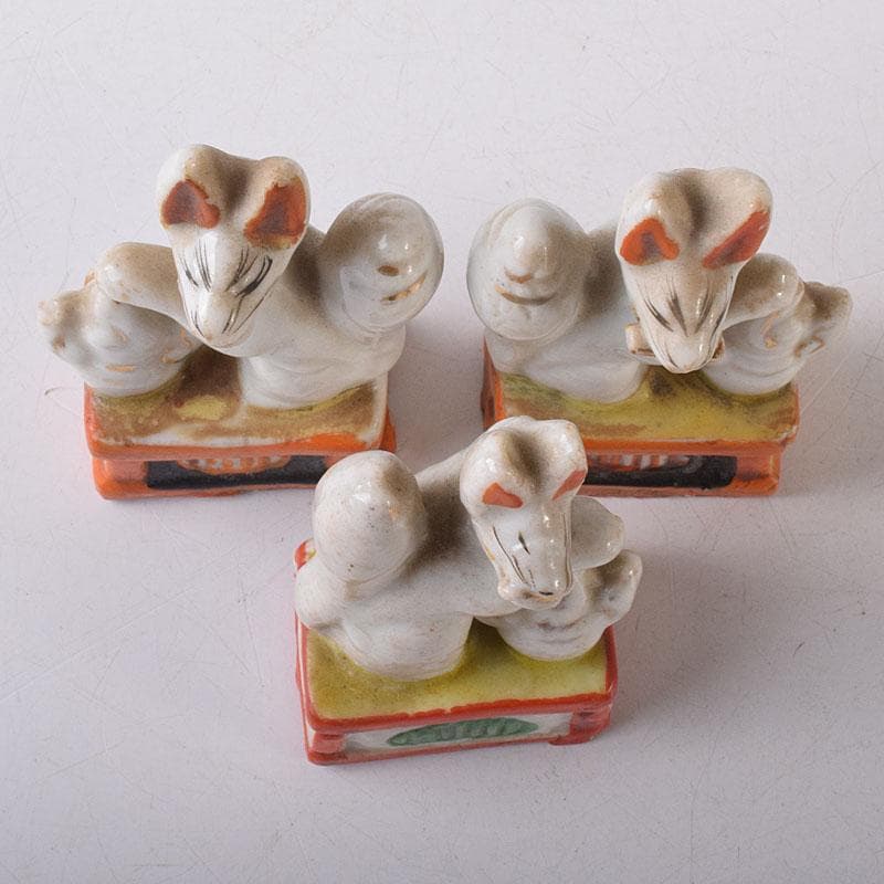 陶器製 色絵金彩 お稲荷さん 狐 3点まとめて M R8593