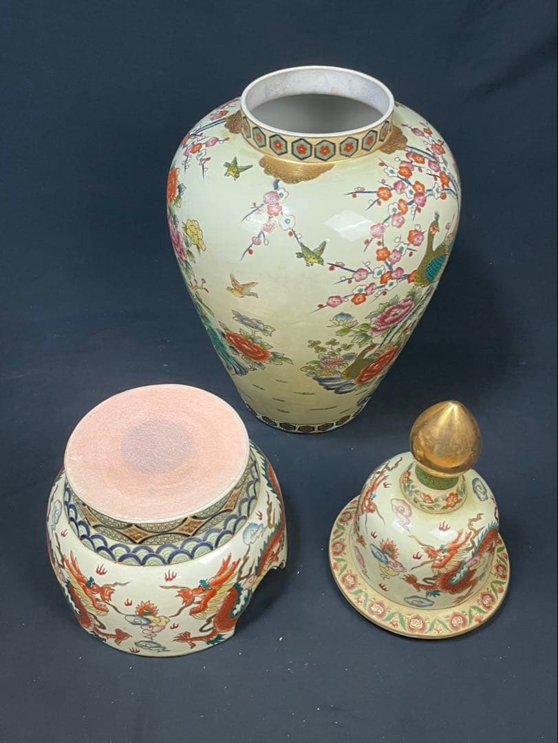 薩摩 沈香壺 龍 花鳥図 高さ約107cm 飾壺 特大花瓶 牡丹 孔雀 金彩