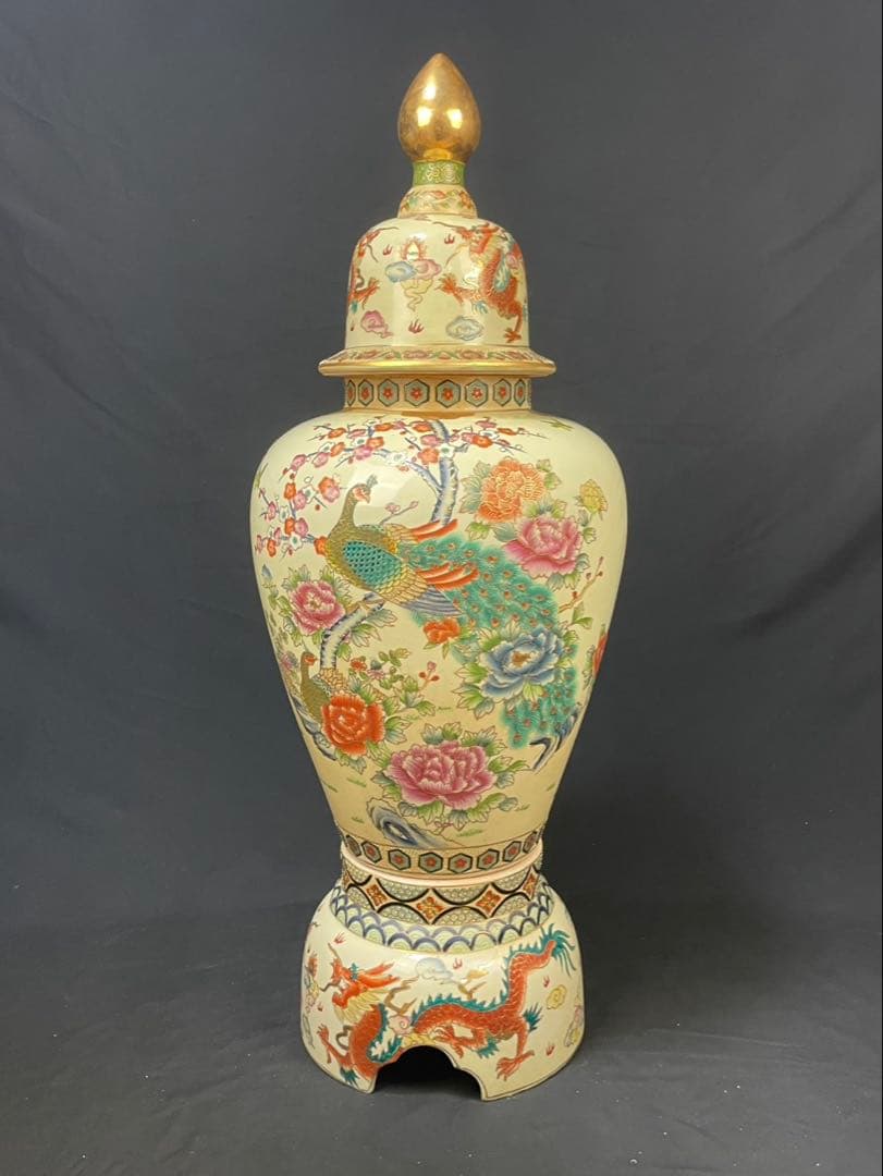 薩摩 沈香壺 龍 花鳥図 高さ約107cm 飾壺 特大花瓶 牡丹 孔雀 金彩