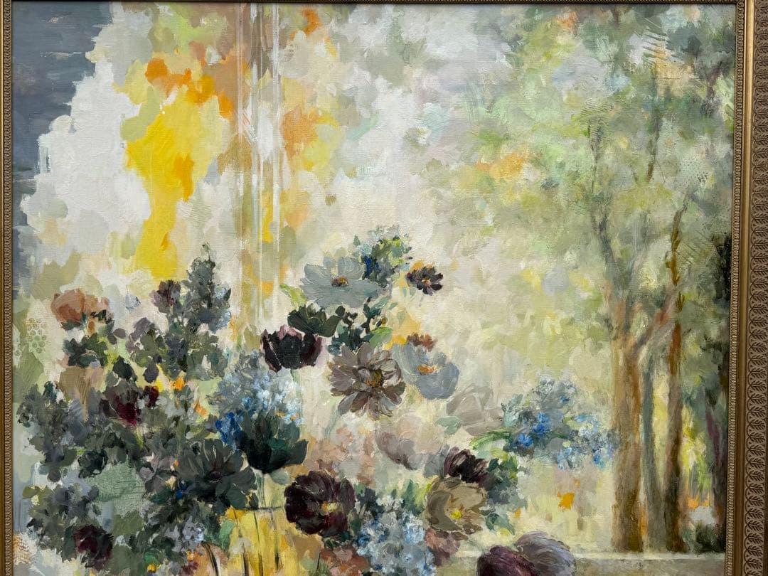 平野能子作　油彩絵　窓辺　直筆　額装　P100号　送料込み250821