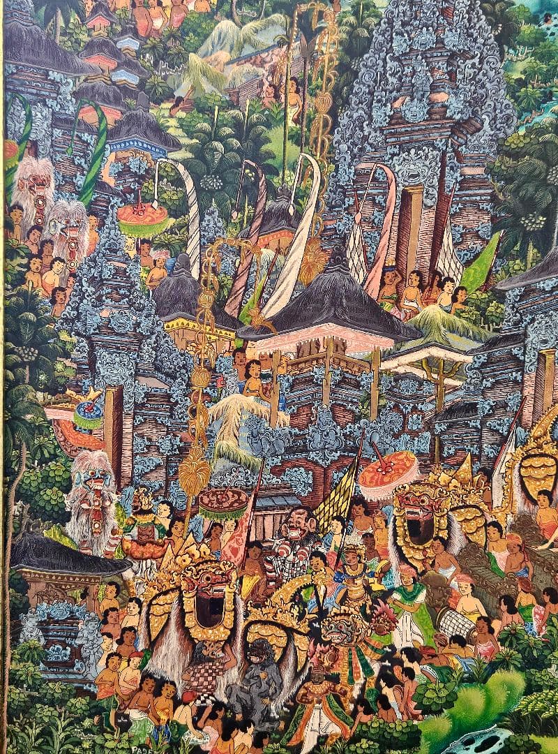 バリの風景 油彩画 PADE KETUT BONGKASO 寺院お祭り図 額装