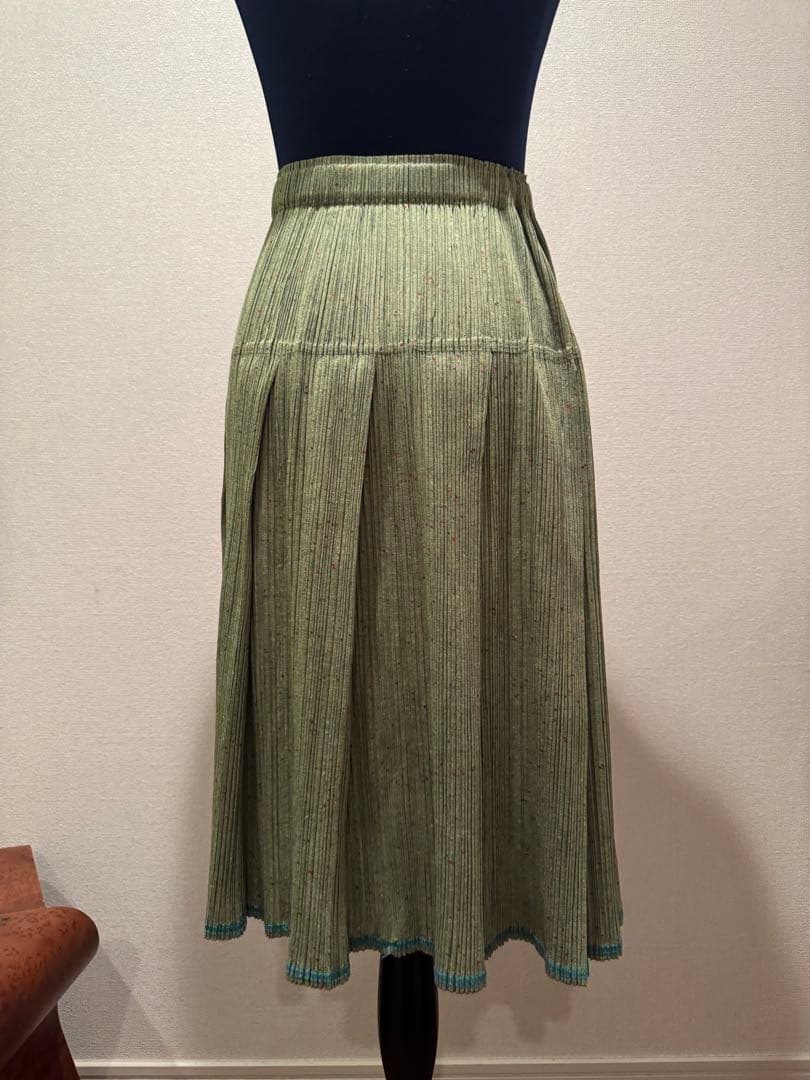 Issey Miyake プリーツプリーズ✨グリーン✖️オレンジドット　スカート