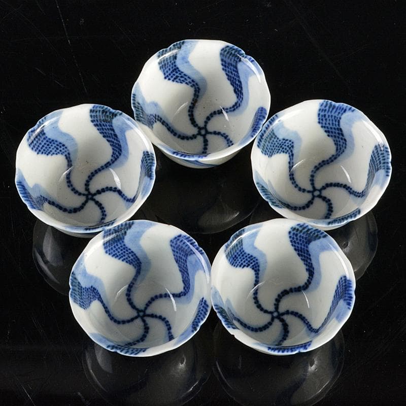 永楽善五郎造　染付　捻り文　煎茶碗　五客　時代箱付　V　R5390