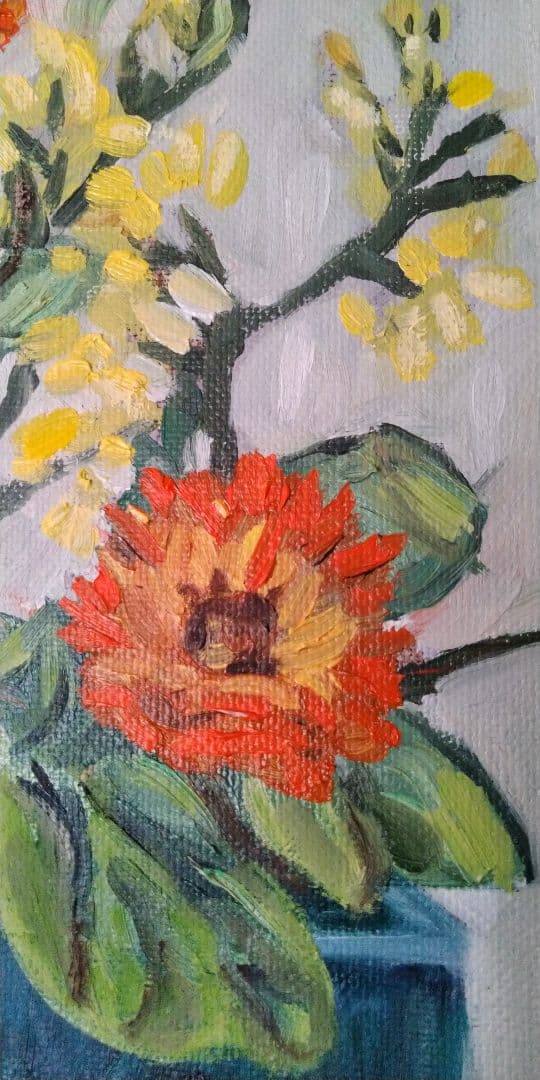 青い花瓶の花の油彩画