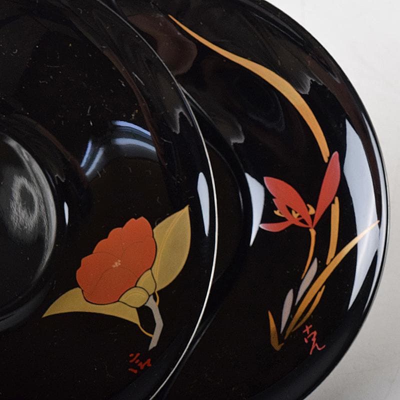 輪島塗　五作家　榎木盛　小森克巳など　草花蒔絵　茶托　五客　共箱　MR8548B