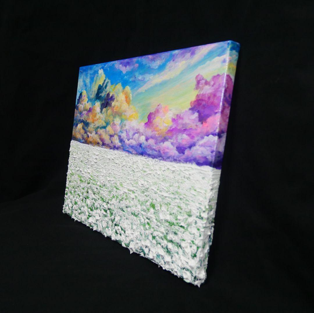 油絵 油彩 油彩画 絵 絵画【朝焼けの草原に咲く白い花と朝日】