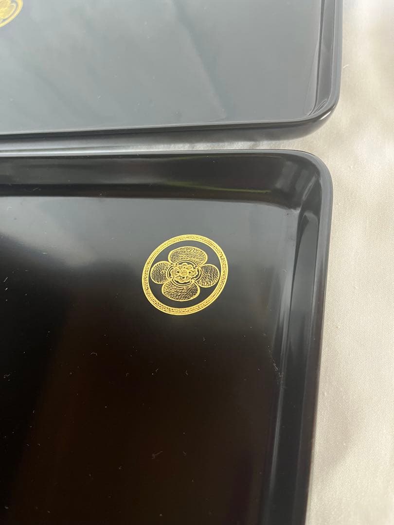 未使用品 輪島塗 黒漆器膳 3枚セット 家紋 木瓜紋 切手盆 箱