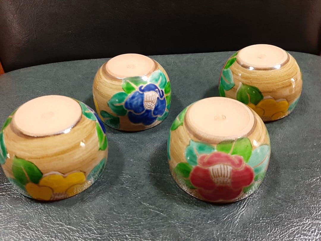 花ワールド 京焼　清水焼　嘉豊窯　椿絵　湯呑み４個