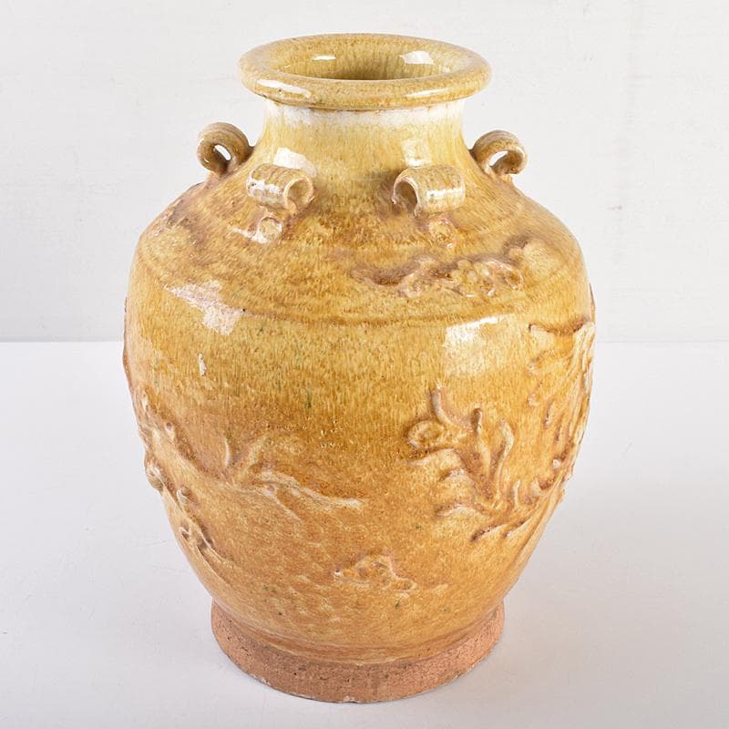 中国　黄釉　貼龍鳳凰文　六耳瓶　C　R7669B