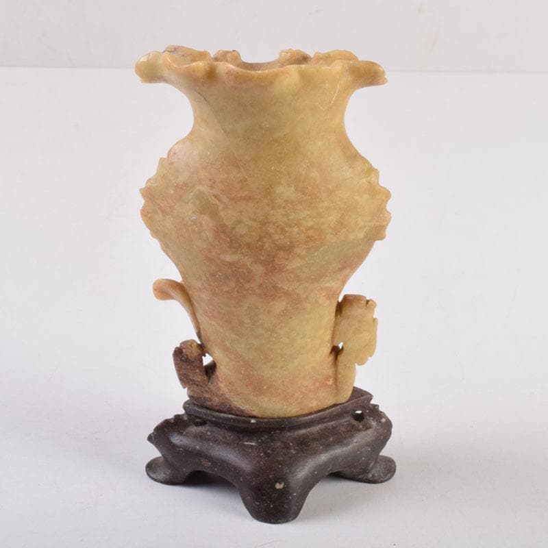 中国 玉石寿山石 花草刻 飾壷 花壷 置物 時代箱 C 8452