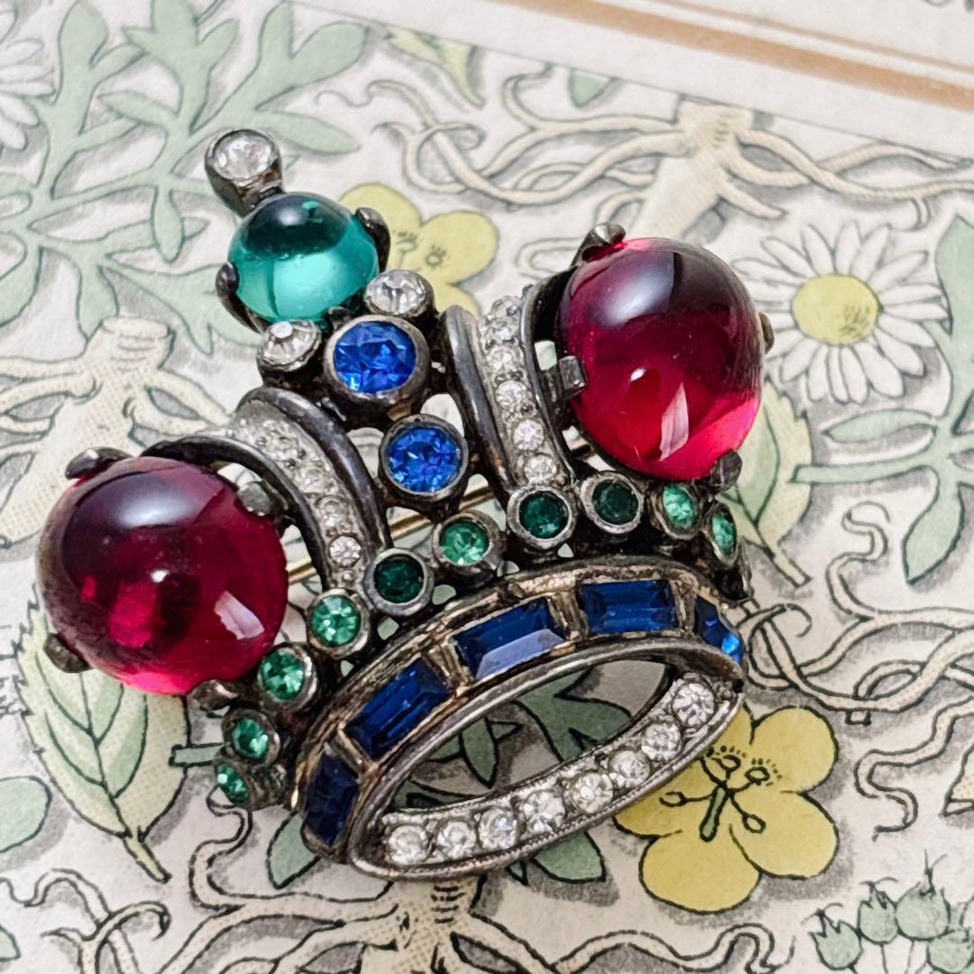 希少】1940年代 トリファリ 王冠ブローチ 赤カボション ヴィンテージ